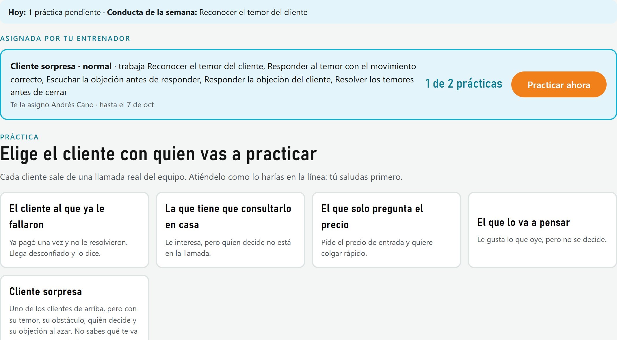 Pantalla de práctica de la asesora: lo pendiente de hoy, la práctica asignada por su entrenador y los clientes con quien practicar